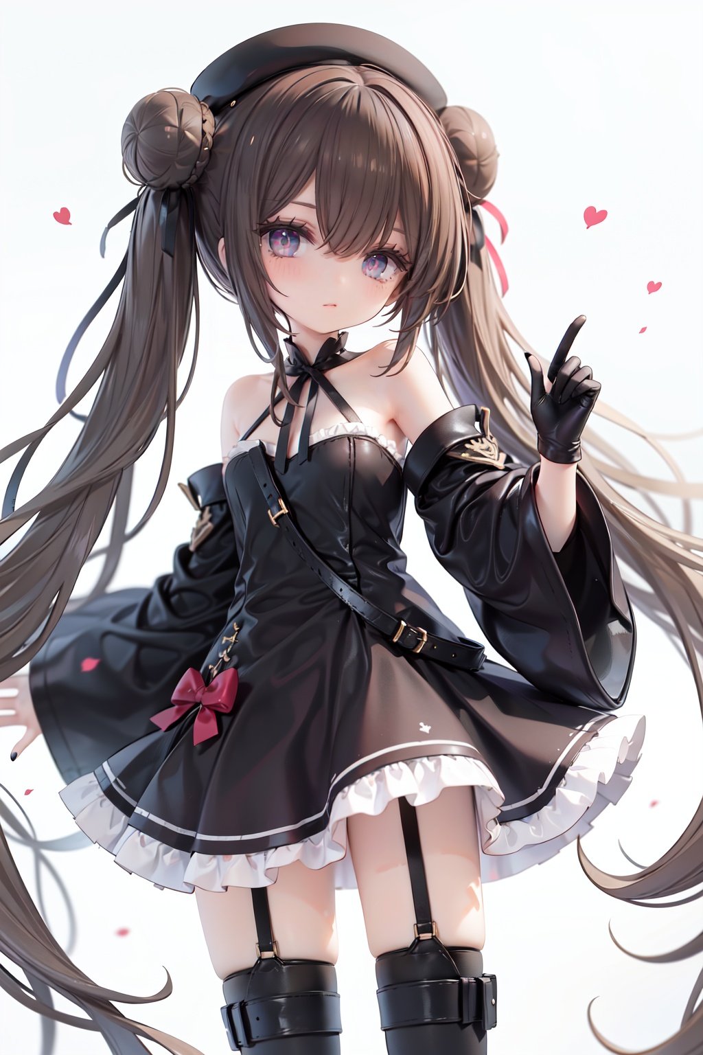 1girl, dress, double bun, hair bun, long hair, black dress, twintails, looking at viewer, smile, hat, bangs, brown hair, white background, solo, open mouth, blush, black headwear, very long hair, garter straps, thighhighs, bare shoulders, beret, :d, ribbon, black gloves, simple background, long sleeves, nail polish, black footwear, red ribbon, bow, gloves, wide sleeves, animal, hair ribbon, boots, red nails, sheath, sheathed, hair between eyes