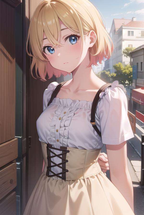 maminanami, <lora:maminanami-lora-nochekaiser:1>,mami nanami, short hair, blue eyes, blonde hair, hair between eyes, (small breasts:1.2),BREAK skirt, shirt, collarbone, white shirt, short sleeves, frills, shoes, socks, white socks, corset,BREAK looking at viewer, full body,BREAK outdoors,BREAK <lyco:GoodHands-beta2:1>, (masterpiece:1.2), best quality, high resolution, unity 8k wallpaper, (illustration:0.8), (beautiful detailed eyes:1.6), extremely detailed face, perfect lighting, extremely detailed CG, (perfect hands, perfect anatomy),