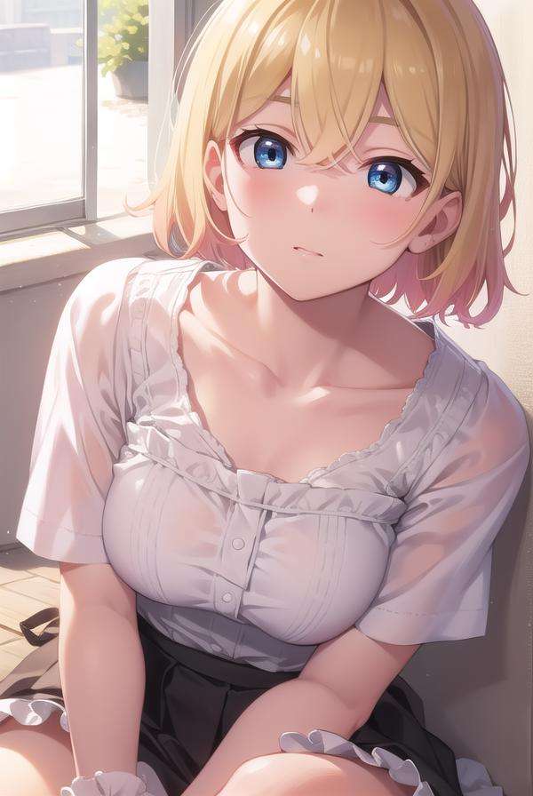 maminanami, <lora:maminanami-lora-nochekaiser:1>,mami nanami, short hair, blue eyes, blonde hair, hair between eyes, (small breasts:1.2),BREAK skirt, shirt, collarbone, white shirt, short sleeves, frills, shoes, socks, white socks, corset,BREAK looking at viewer, full body,BREAK outdoors,BREAK <lyco:GoodHands-beta2:1>, (masterpiece:1.2), best quality, high resolution, unity 8k wallpaper, (illustration:0.8), (beautiful detailed eyes:1.6), extremely detailed face, perfect lighting, extremely detailed CG, (perfect hands, perfect anatomy),