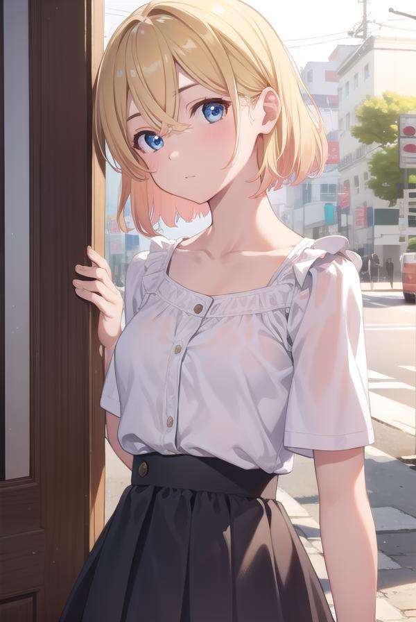 maminanami, <lora:maminanami-lora-nochekaiser:1>,mami nanami, short hair, blue eyes, blonde hair, hair between eyes, (small breasts:1.2),BREAK skirt, shirt, collarbone, white shirt, short sleeves, frills, shoes, socks, white socks, corset,BREAK looking at viewer, full body,BREAK outdoors,BREAK <lyco:GoodHands-beta2:1>, (masterpiece:1.2), best quality, high resolution, unity 8k wallpaper, (illustration:0.8), (beautiful detailed eyes:1.6), extremely detailed face, perfect lighting, extremely detailed CG, (perfect hands, perfect anatomy),