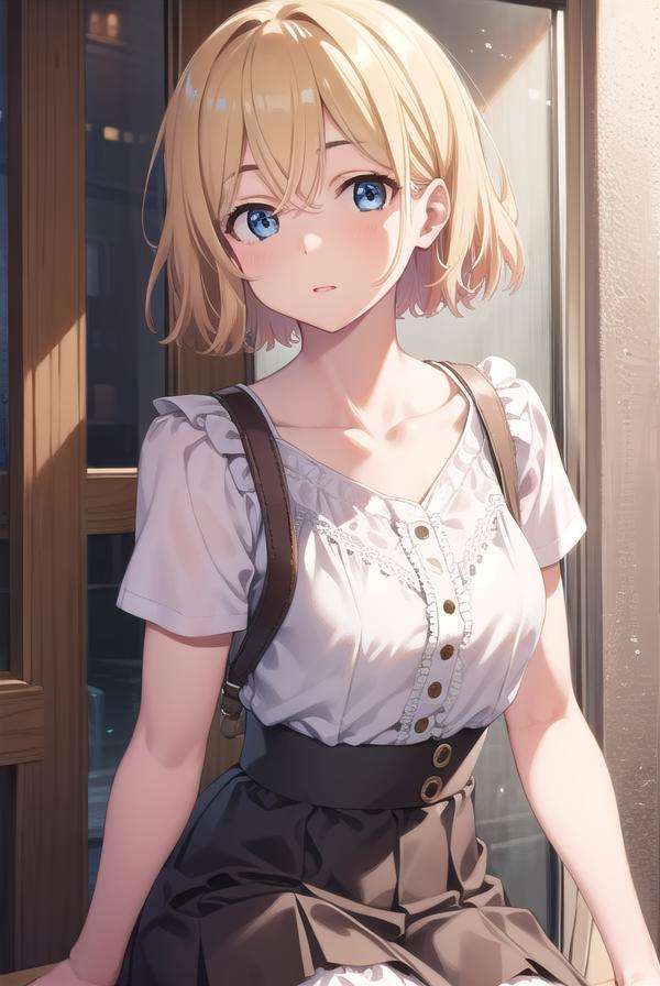 maminanami, <lora:maminanami-lora-nochekaiser:1>,mami nanami, short hair, blue eyes, blonde hair, hair between eyes, (small breasts:1.2),BREAK skirt, shirt, collarbone, white shirt, short sleeves, frills, shoes, socks, white socks, corset,BREAK looking at viewer, full body,BREAK outdoors,BREAK <lyco:GoodHands-beta2:1>, (masterpiece:1.2), best quality, high resolution, unity 8k wallpaper, (illustration:0.8), (beautiful detailed eyes:1.6), extremely detailed face, perfect lighting, extremely detailed CG, (perfect hands, perfect anatomy),