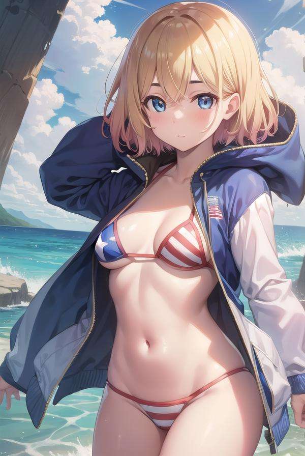 maminanami, <lora:maminanami-lora-nochekaiser:1>,mami nanami, short hair, blue eyes, blonde hair, hair between eyes, (small breasts:1.2),BREAK navel, jacket, swimsuit, bikini, white jacket, flag print, american flag bikini,BREAK looking at viewer, full body,BREAK outdoors, beachBREAK <lyco:GoodHands-beta2:1>, (masterpiece:1.2), best quality, high resolution, unity 8k wallpaper, (illustration:0.8), (beautiful detailed eyes:1.6), extremely detailed face, perfect lighting, extremely detailed CG, (perfect hands, perfect anatomy),