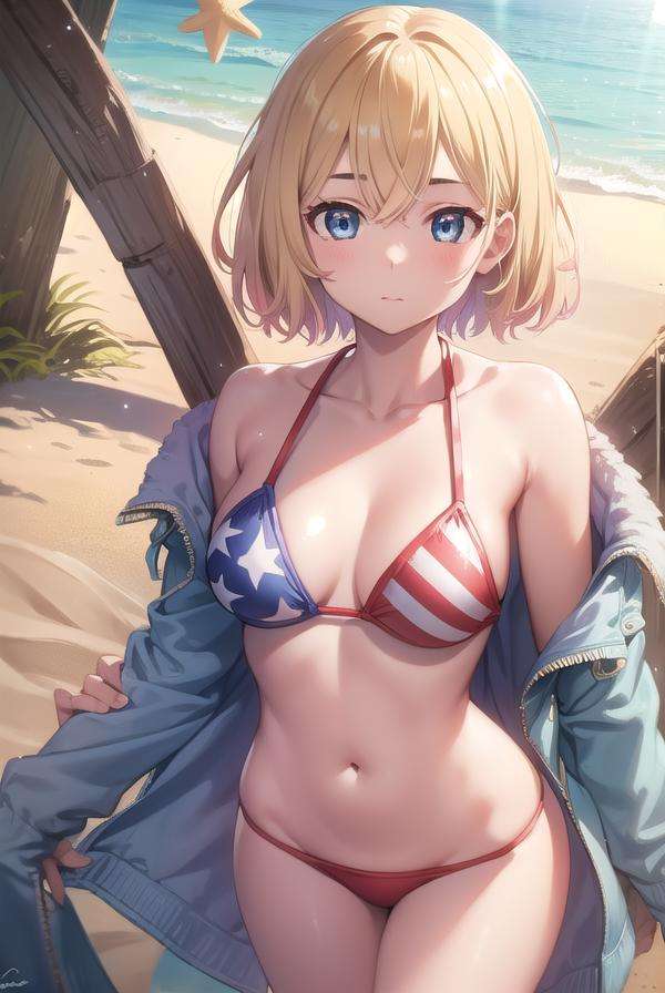 maminanami, <lora:maminanami-lora-nochekaiser:1>,mami nanami, short hair, blue eyes, blonde hair, hair between eyes, (small breasts:1.2),BREAK navel, jacket, swimsuit, bikini, white jacket, flag print, american flag bikini,BREAK looking at viewer, full body,BREAK outdoors, beachBREAK <lyco:GoodHands-beta2:1>, (masterpiece:1.2), best quality, high resolution, unity 8k wallpaper, (illustration:0.8), (beautiful detailed eyes:1.6), extremely detailed face, perfect lighting, extremely detailed CG, (perfect hands, perfect anatomy),