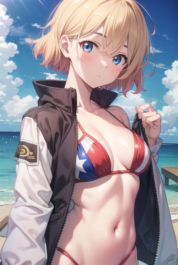 maminanami, <lora:maminanami-lora-nochekaiser:1>,mami nanami, short hair, blue eyes, blonde hair, hair between eyes, (small breasts:1.2),BREAK navel, jacket, swimsuit, bikini, white jacket, flag print, american flag bikini,BREAK looking at viewer, full body,BREAK outdoors, beachBREAK <lyco:GoodHands-beta2:1>, (masterpiece:1.2), best quality, high resolution, unity 8k wallpaper, (illustration:0.8), (beautiful detailed eyes:1.6), extremely detailed face, perfect lighting, extremely detailed CG, (perfect hands, perfect anatomy),