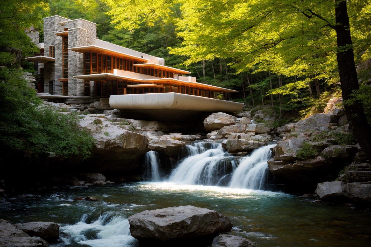 A photography showcase of Fallingwater, the iconic architecture by Frank Lloyd Wright located in Mill Run, Pennsylvania. Through the lens of Ansel Adams, using a 35mm lens, the scene captures the house’s unique cantilevered terraces amidst the verdant forest. The color temperature exudes a cool blueish tint. No facial expressions as the primary focus is on the structure. Ambient light from the sun provides a gentle glow to the scene, casting soft shadows. The atmosphere is serene and timeless