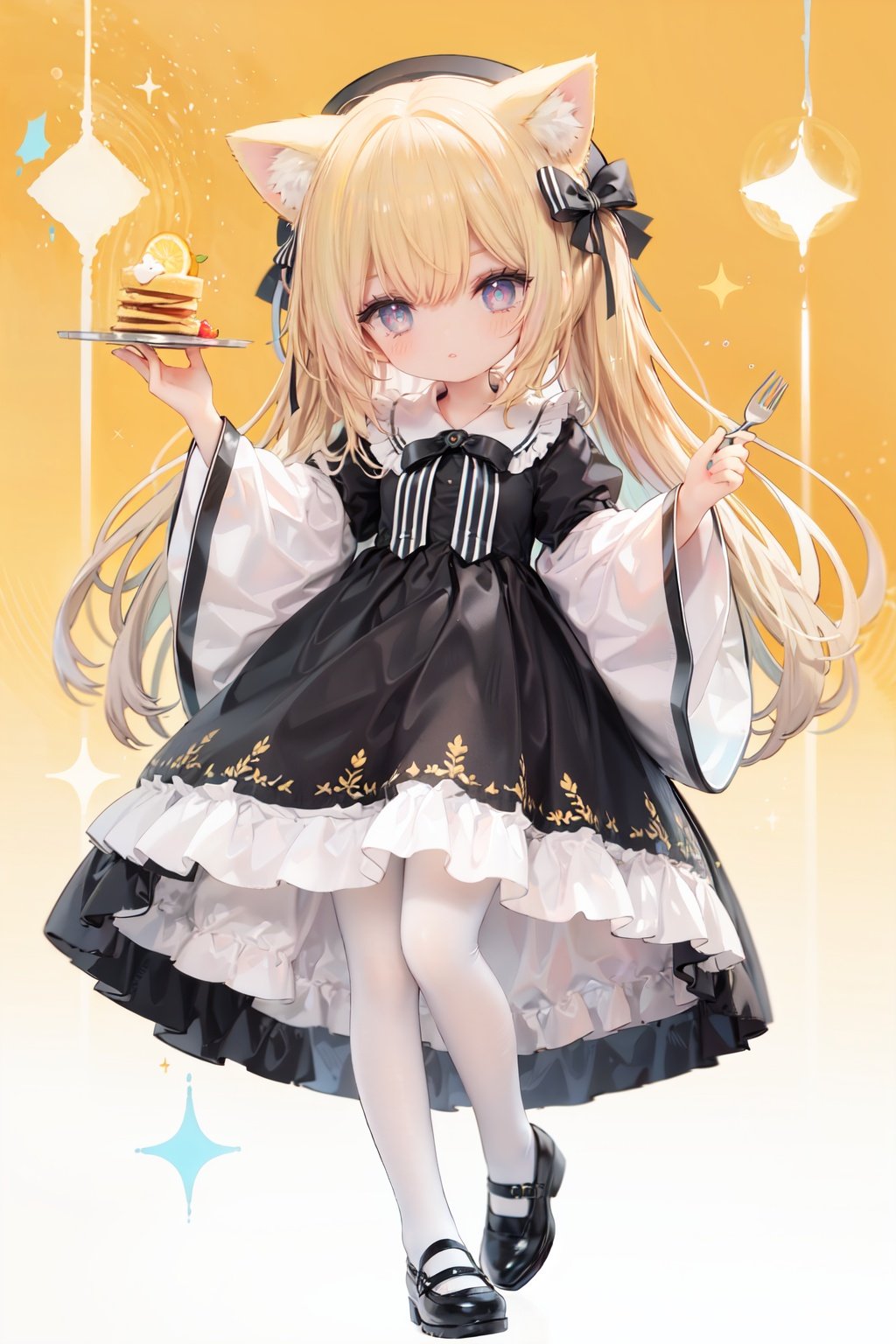 (cinematic lighting),  dreamy atmosphere,  Ray tracing,  (((solo))),  (loli:1.5),  (child:1.5),  (petite:1.5),  green eyes,  (animal ears),  dress,  solo,  food,  blonde hair,  open mouth,  long hair,  pancake,  flower,  holding,  bow,  smile,  fork,  bird,  socks,  looking at viewer,  shoes,  striped background,  holding fork,  bonnet,  striped,  frills,  long sleeves,  :d,  yellow dress,  bangs,  eyebrows visible through hair,  blush,  green nails,  hair bow,  nail polish,  diagonal stripes,  chick,  sparkle,  frilled dress,  orange bow,  fruit,  full body,  :3,  hair between eyes,  green bow,  puffy sleeves,  heart,  lemon,  orange footwear,  animal ear fluff,  white bow,  cat ears,  bobby socks,  orange headwear,  see-through sleeves,  blue background,  striped bow,  hair ornament,  white legwear,  mary janes