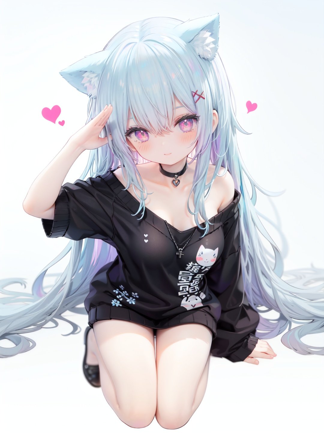 petite, loli, solo, animal ears, heart, puffy short sleeves, blue hair, long hair, off shoulder, bangs, hair ornament, gradient background,rainbow gradient, x hair ornament, animal ear fluff, looking at viewer, very long hair, blush, smile, cat ears, bare shoulders, collarbone, hand up, gradient sweater, hair between eyes, symbol-shaped pupils, arm up, heart-shaped pupils, hairclip, medium breasts, salute, bare legs,full body