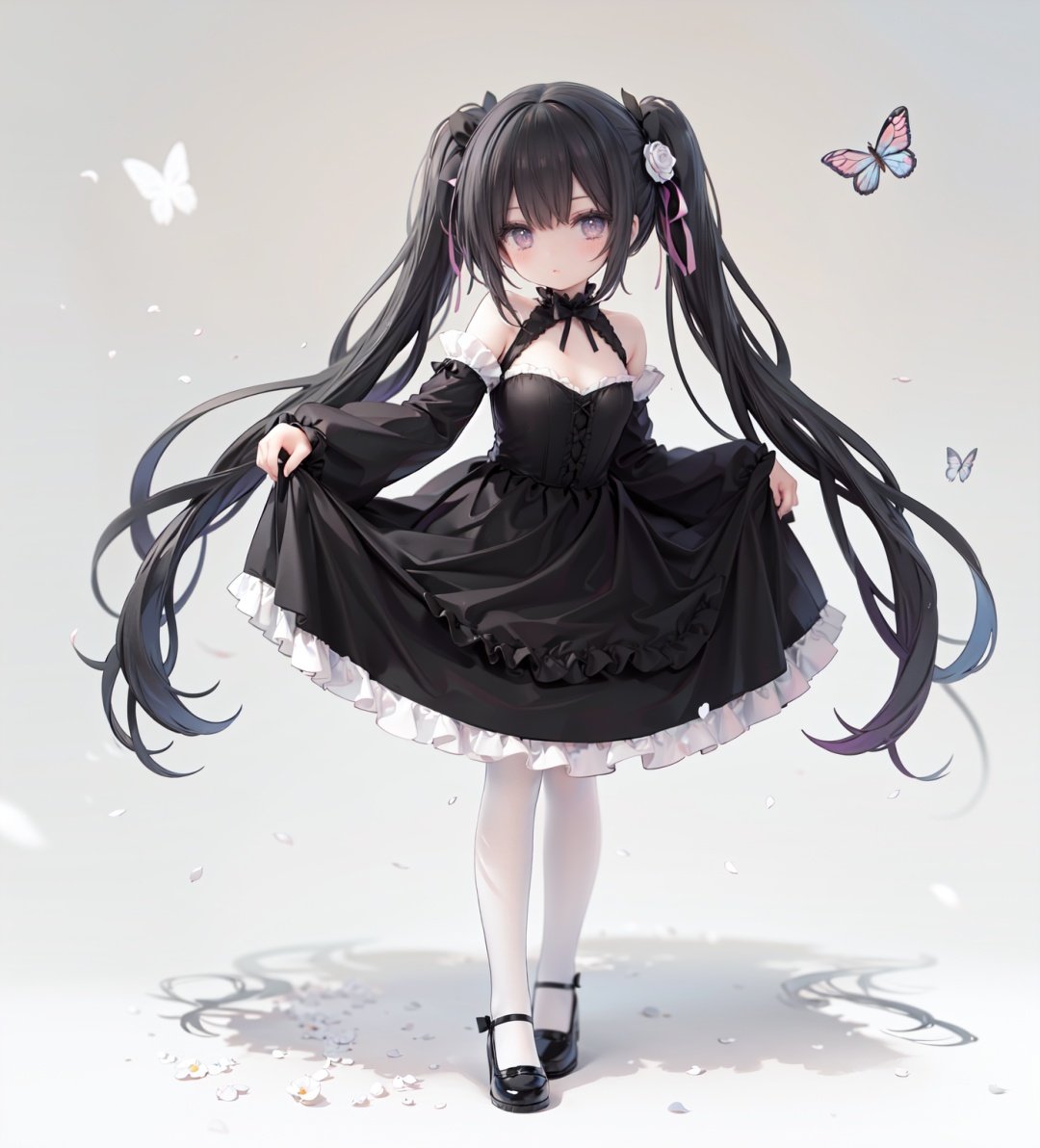 masterpiece, ((best quality)),  dynamic angle, chromatic aberration, ((colorful)),1girl, solo, black hair, long hair, dress, butterfly, bug, twintails, black footwear, lolita fashion, very long hair, pantyhose, black dress, long sleeves, bow, full body, bangs, flower, puffy sleeves, standing on one leg, shoes, white pantyhose, hair bow, looking at viewer, grey eyes, frills, standing, gothic lolita, blush, juliet sleeves, black bow, frilled dress, white flower, rose, closed mouth, skirt hold, petals, wide sleeves, mary janes, white rose