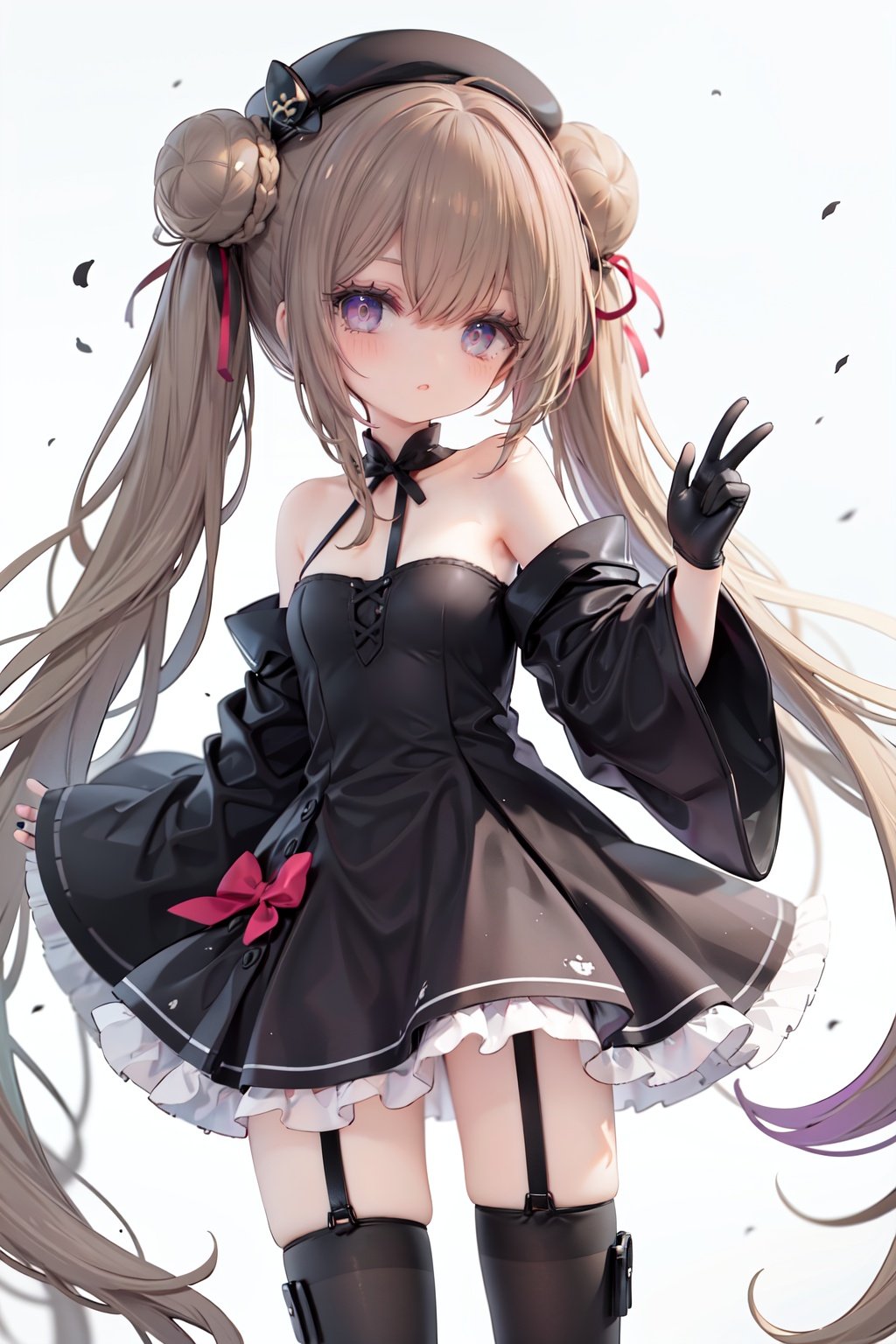 1girl, dress, double bun, hair bun, long hair, black dress, twintails, looking at viewer, smile, hat, bangs, brown hair, white background, solo, open mouth, blush, black headwear, very long hair, garter straps, thighhighs, bare shoulders, beret, :d, ribbon, black gloves, simple background, long sleeves, nail polish, black footwear, red ribbon, bow, gloves, wide sleeves, animal, hair ribbon, boots, red nails, sheath, sheathed, hair between eyes