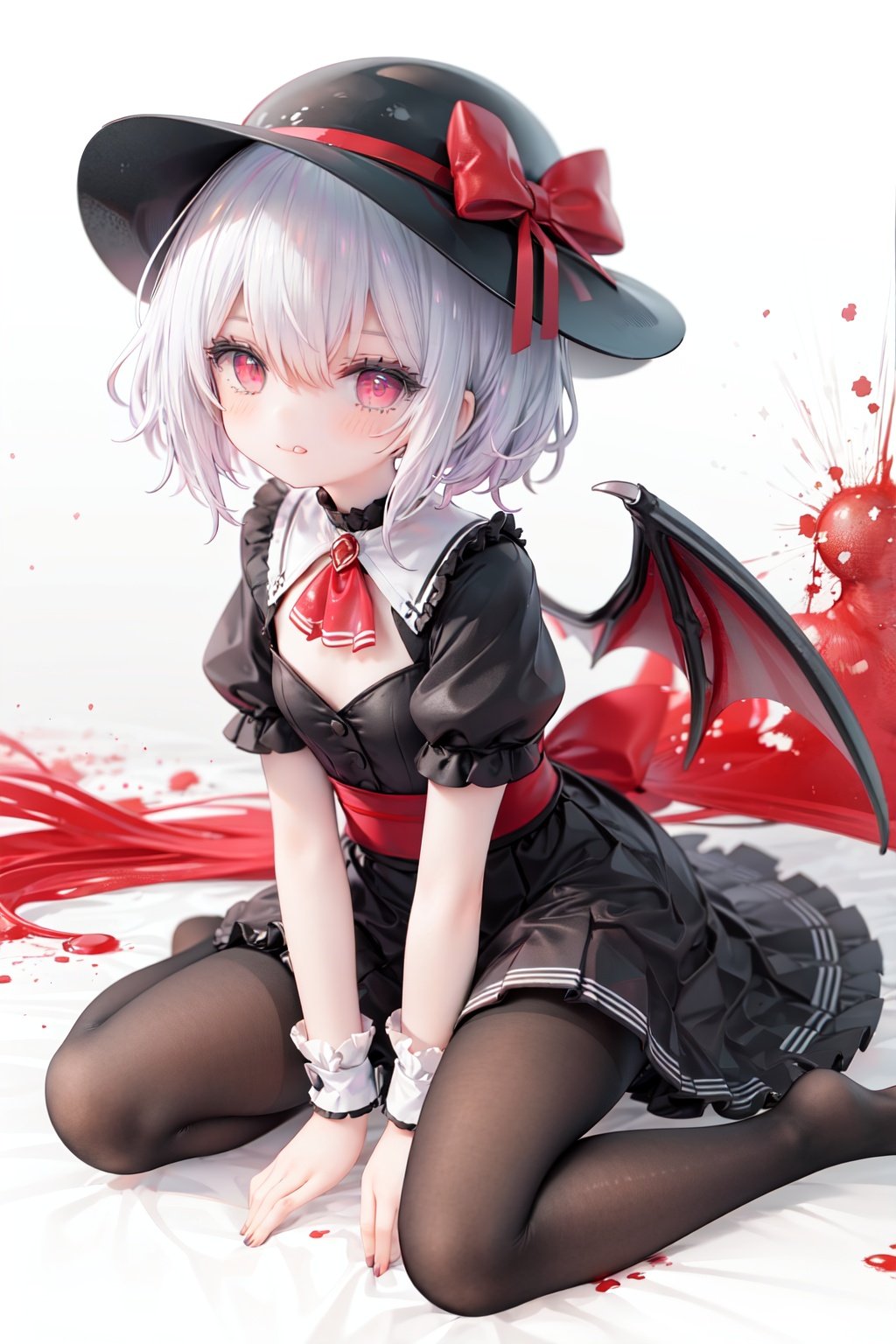 (little girl:1.4), (child:1.4),(petite:1.4), (loli:1.4),,,((solo:1.3)).,1girl, solo, wings, red eyes, hat, remilia scarlet, red background, mob cap, bat wings, ascot, blood, short sleeves, bow, short hair, ribbon, blood on hands, looking at viewer, simple background, full body, puffy sleeves, hat ribbon, blood on face, dress, brooch, red nails, pantyhose, red bow, puffy short sleeves, smile, black pantyhose, wrist cuffs, red ribbon, sitting, jewelry, red ascot, frills, hair between eyes, skirt, white dress, fingernails, sash, shirt, nail polish, no shoes, red theme, sharp fingernails, bangs, tongue, hat bow, grey hair, closed mouth, tongue out, white headwear, slit pupils, blood on clothes, skirt set, hand up, frilled sleeves, invisible chair, white skirt, vampire, frilled shirt collar/.,\nSolo,Battle, {{{{{Slash}}}}},Killing,Attacker,{{Fierce movement}},Ninja,Bloodstain,Core shadow,splatter,{Blood},{{{{Battle scene}}}},angry,Intricate,,{{{Dynamic angle}}},{Stylish pose},{High contrast,Extremely detailed CG unity 8K wallpaper} Sense of movement,blurry background,Kaotic,Lunatic,[[[[[hyper paint, rough design, flat color]]]]],Grin,Whole body,Colorful background,Intricate,Girl wearing black suit,Looking at viewers,{{Stylish}},Persona 5 style art,{{{all out attack(persona 5)}}}