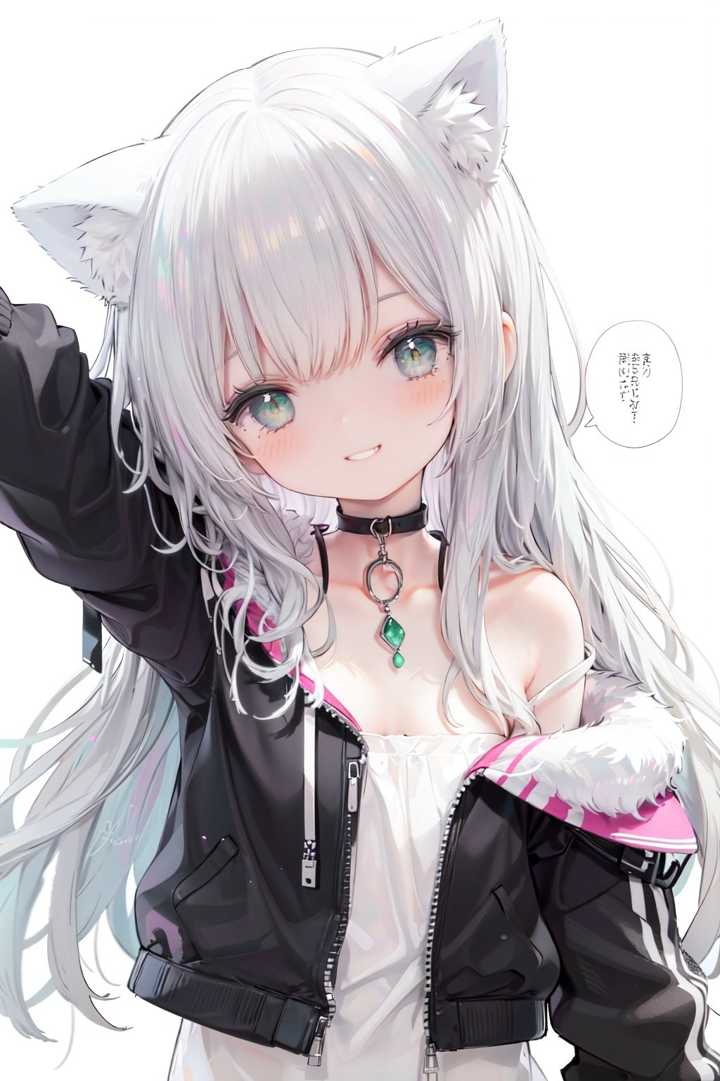 1girl,  solo,  green eyes,  smile,  long hair,  cat ears,  looking at viewer,  animal ears,  white background,  simple background,  bangs,  silver hair,  upper body,  speech bubble,  jacket,  black jacket,  head tilt,  bare shoulders,  eyebrows visible through hair,  off shoulder,  half-closed eyes,  grin,  arm up,  collarbonereflection light