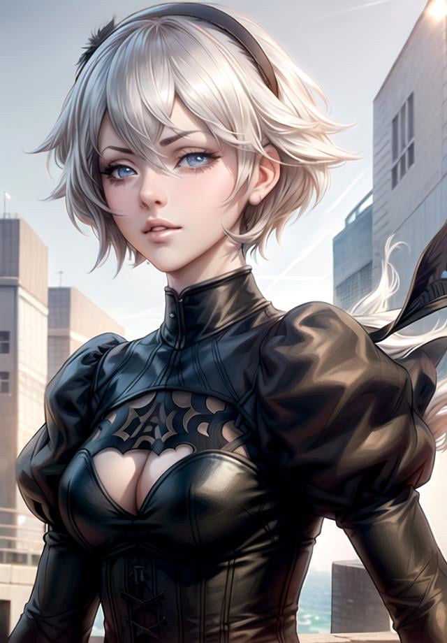 1girl, yorha no. 2 type b,upper body close-up, energetic,solo, feature article,blue eyes, white hair, puffy sleeves, long sleeves, black hairband, juliet sleeves,short hair, black dress, clothing cutout,looking at viewer, parted lips,corset,lace,cleavage cutout,anatomy,shy,tears,big breasts, freedom of posture,vitality,feather-trimmed sleeves, shiny skin,high cut low cut swimsuit,flowing hair,(mature female:1.5),<lora:artgerm-v1.5-nai:0.9>, silver manipulator,sky, cloud, glowing, science_fiction,<lora:AstralMecha:0.3>