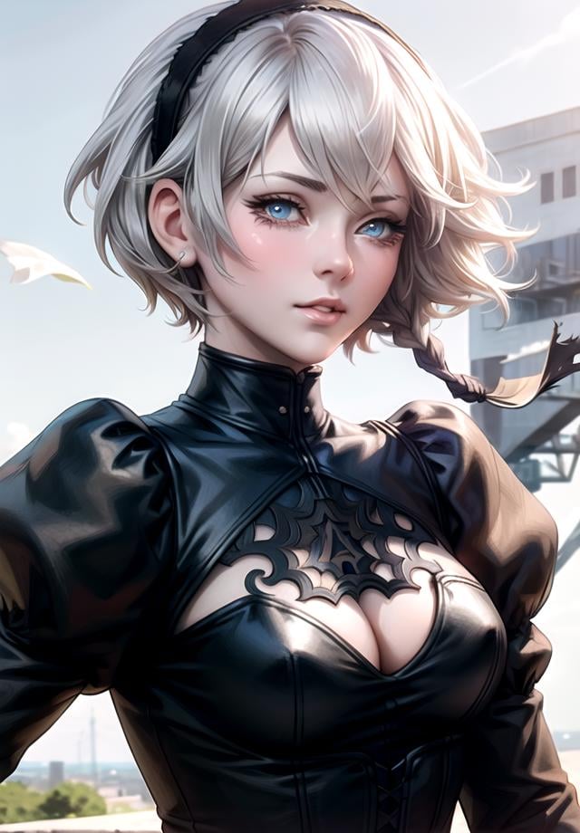 1girl, yorha no. 2 type b,upper body close-up, energetic,solo, feature article,blue eyes, white hair, puffy sleeves, long sleeves, black hairband, juliet sleeves,short hair, black dress, clothing cutout, 24 years old,looking at viewer, parted lips, corset,lace,cleavage cutout,anatomy,tearing up,shy,tears,big breasts,, freedom of posture,vitality,feather-trimmed sleeves, shiny skin,high cut low cut swimsuit,(mature female:1.5),<lora:artgerm-v1.5-nai:0.7>, silver manipulator,sky, cloud,  glowing,realistic,science_fiction,<lora:AstralMecha:0.3>