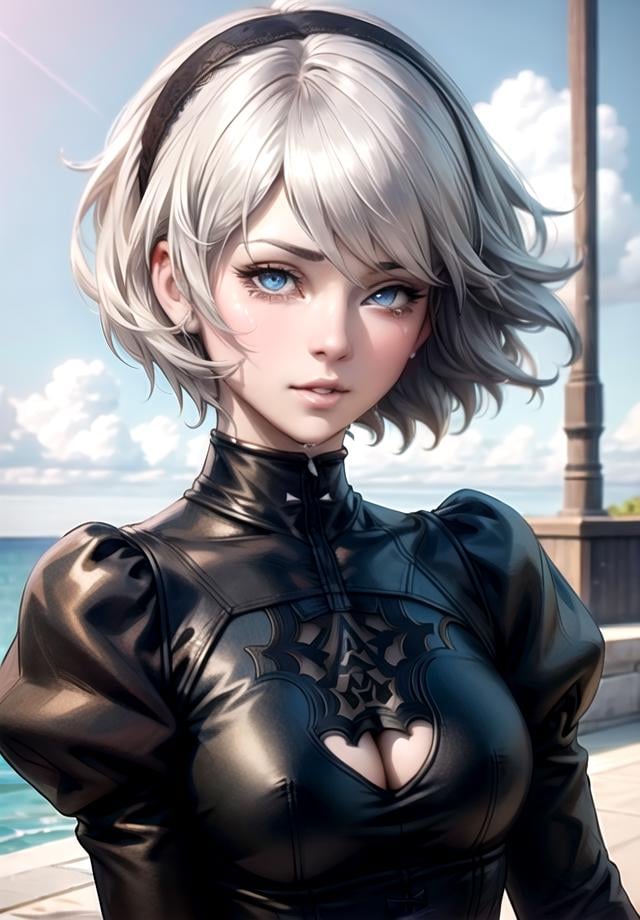 1girl, yorha no. 2 type b,upper body close-up, energetic,solo, feature article,blue eyes, white hair, puffy sleeves, long sleeves, black hairband, juliet sleeves,short hair, black dress, clothing cutout, 24 years old,looking at viewer, parted lips, corset,lace,cleavage cutout,anatomy,tearing up,shy,tears,big breasts,, freedom of posture,vitality,feather-trimmed sleeves, shiny skin,high cut low cut swimsuit,(mature female:1.5),<lora:artgerm-v1.5-nai:0.7>, silver manipulator,sky, cloud, glowing,realistic,science_fiction,<lora:AstralMecha:0.3>