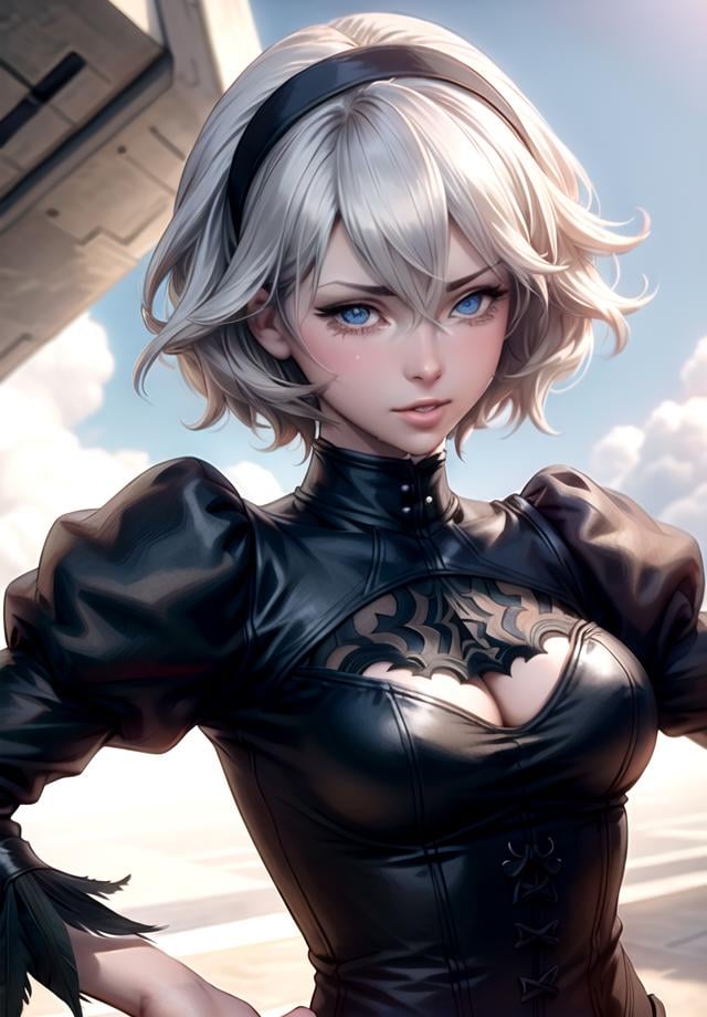 1girl, yorha no. 2 type b,upper body close-up, energetic,solo, feature article,blue eyes, white hair, puffy sleeves, long sleeves, black hairband, juliet sleeves,short hair, black dress, clothing cutout, 24 years old,looking at viewer, parted lips, corset,lace,cleavage cutout,anatomy,tearing up,shy,tears,big breasts,, freedom of posture,vitality,feather-trimmed sleeves, shiny skin,high cut low cut swimsuit,(mature female:1.5),<lora:artgerm-v1.5-nai:0.7>, silver manipulator,sky, cloud,  glowing,realistic,science_fiction,<lora:AstralMecha:0.3>