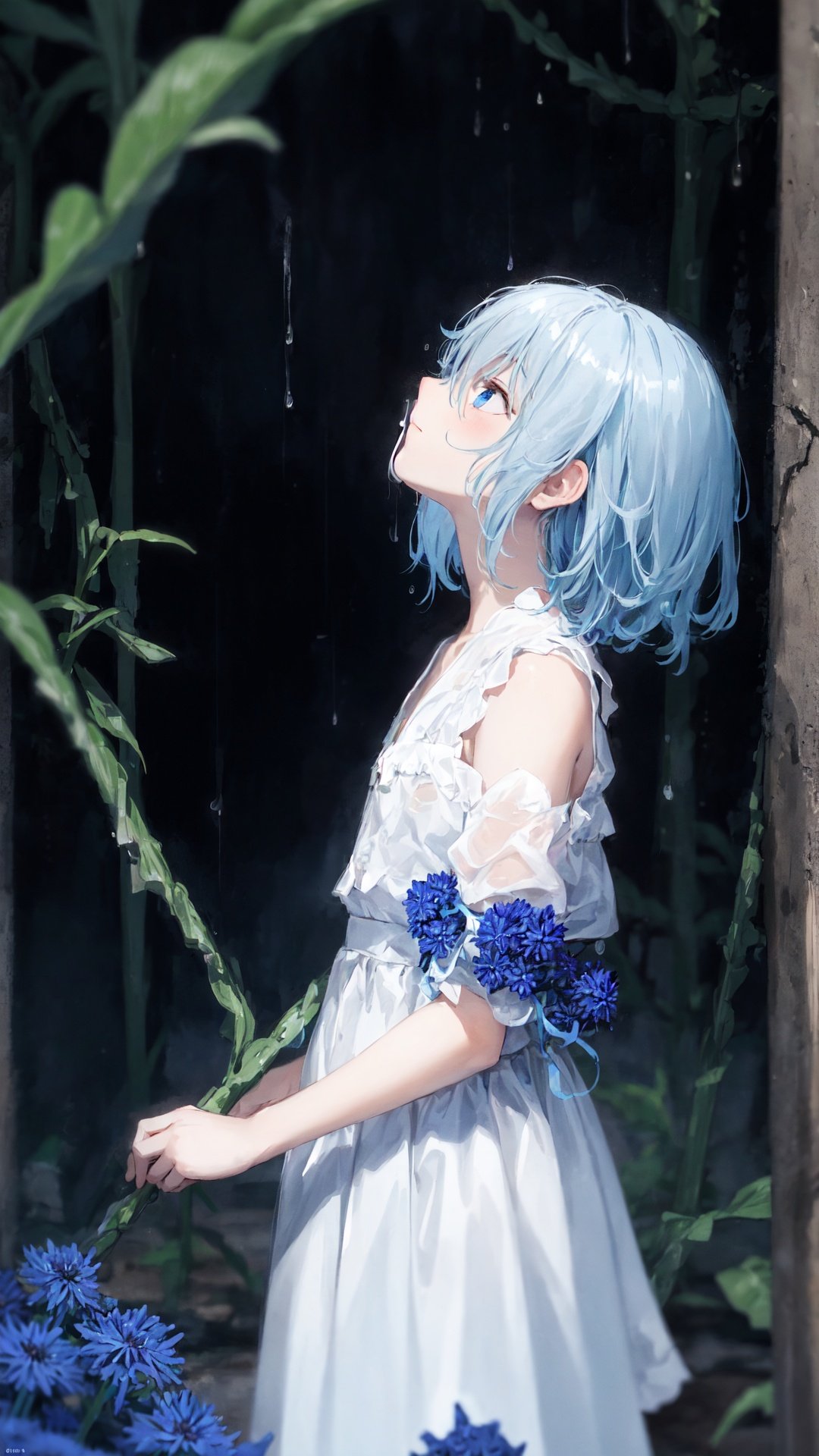 rain,dark,(((Cornflower))), cornflower, cornflower,vines, forest, ruins, Blurred picture, lens flare, hdr, Tyndall effect,damp,wet, 1girl, bare shoulders,cold theme, broken glass, broken wall, aqua theme, white hair, blinking, white dress, closed mouth, constel lation, flat color, braid, blinking, white robe, float, closed mouth, constel lation, flat color, looking up, standing, medium hair, standing, solo