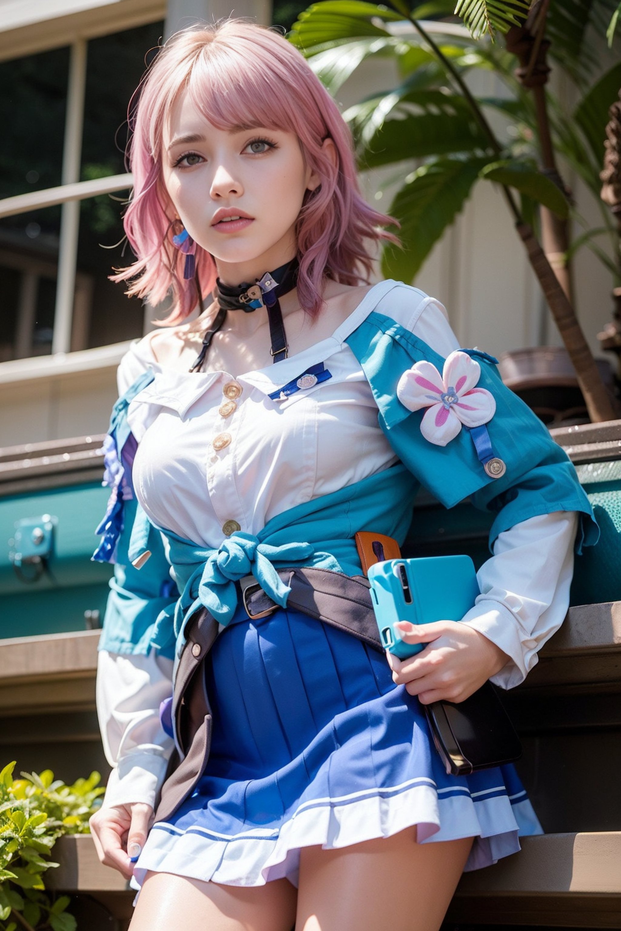 masterpiece, best quality, raw photo, (Photorealistic:1.4), <lora:March 7th v2:1>, march 7th, 1girl, solo, bangs, pink hair, choker, medium breasts, short hair, shirt, white shirt, choker, skirt, legwear, legs, jacket, blue jacket, camera, collared shirt, flower ornament, pleated skirt, 