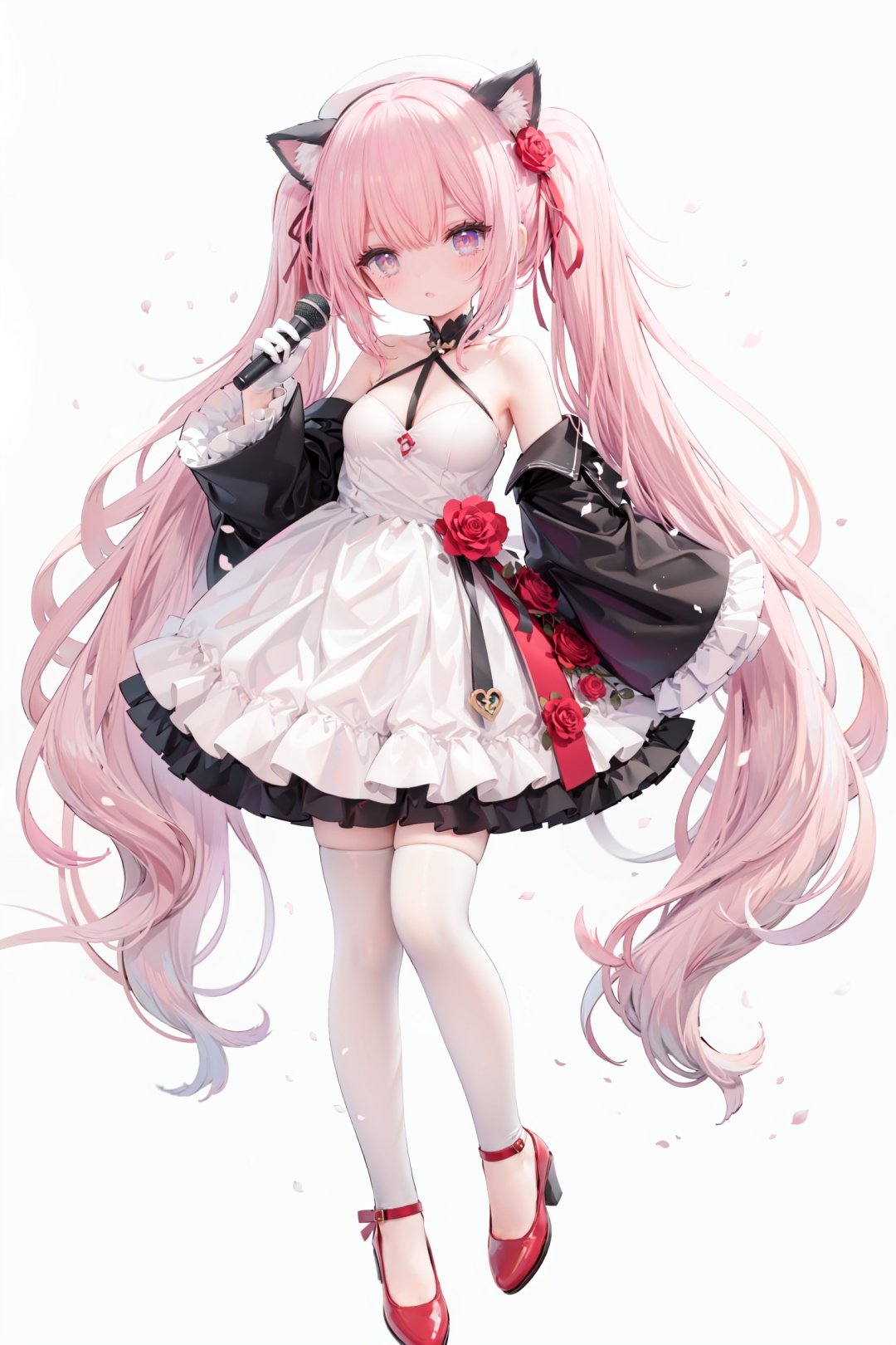 masterpiece, ((best quality)),  dynamic angle, chromatic aberration, ((colorful)),1girl, solo, flower, thighhighs, white thighhighs, gloves, red footwear, long hair, detached sleeves, animal ears, rose, blonde hair, looking at viewer, full body, hat, high heels, petals, dress, standing, twintails, wide sleeves, holding, shoes, frills, red flower, cat ears, bangs, microphone, long sleeves, white flower, hair ornament, white gloves, zettai ryouiki, bare shoulders, pink eyes, frilled dress, small breasts, breasts, closed mouth, skirt, beret, white headwear, very long hair, red eyes, red rose, white dress, blush, ribbon, black gloves, animal ear fluff, hair flower, pink flower