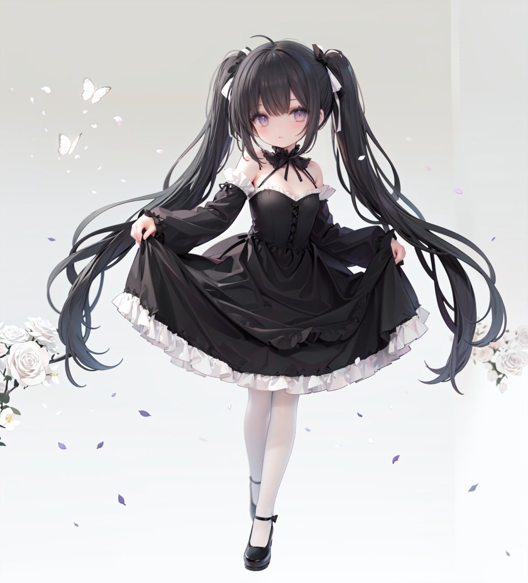 masterpiece, ((best quality)),  dynamic angle, chromatic aberration, ((colorful)),1girl, solo, black hair, long hair, dress, butterfly, bug, twintails, black footwear, lolita fashion, very long hair, pantyhose, black dress, long sleeves, bow, full body, bangs, flower, puffy sleeves, standing on one leg, shoes, white pantyhose, hair bow, looking at viewer, grey eyes, frills, standing, gothic lolita, blush, juliet sleeves, black bow, frilled dress, white flower, rose, closed mouth, skirt hold, petals, wide sleeves, mary janes, white rose