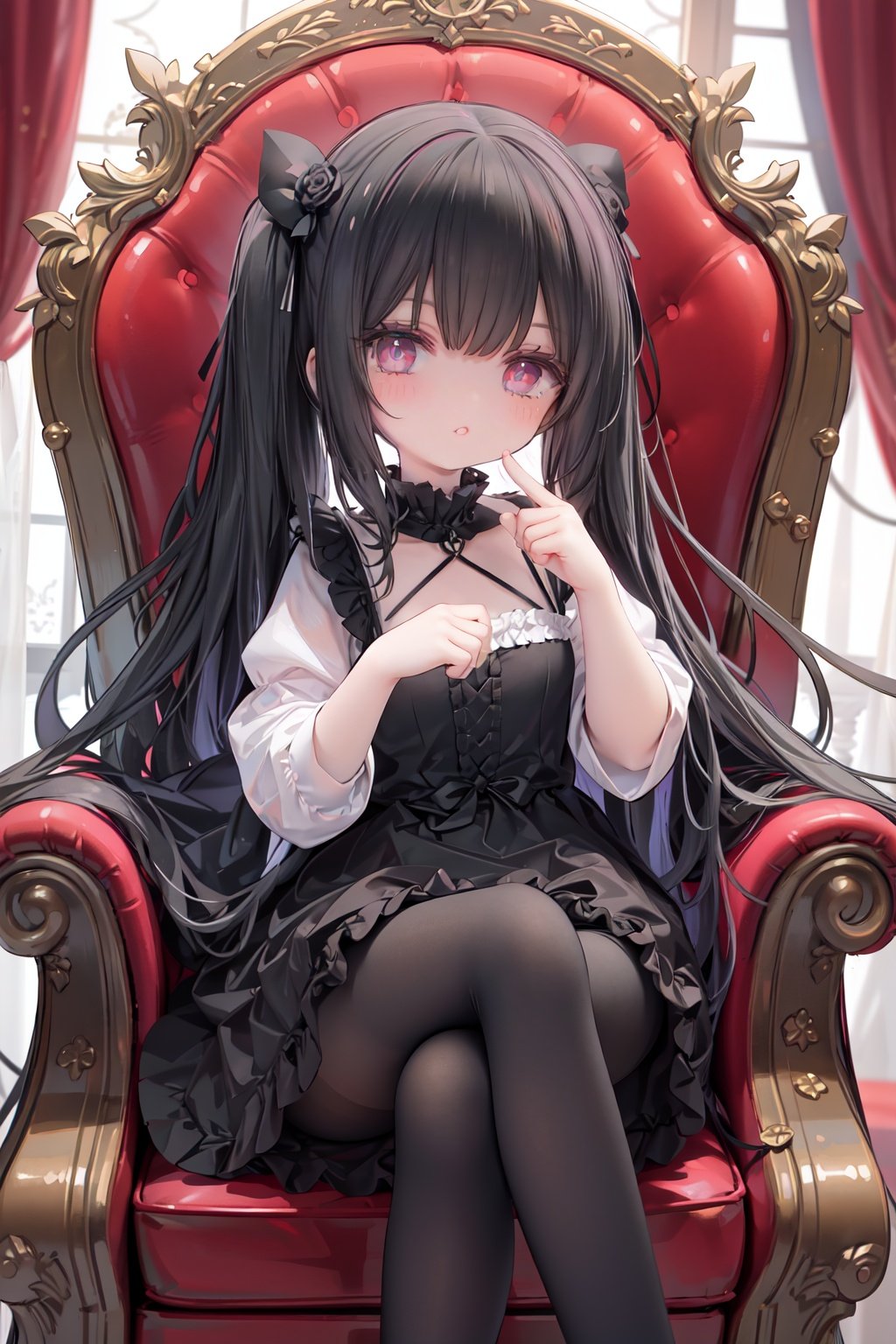 masterpiece, ((best quality)), (ultra-detailed), (illustration), an extremely delicate and beautiful girl, dynamic angle, chromatic aberration, ((colorful)),//,1girls,loli,(petite child:1.1),//,(in Gothic castle),girl with black hair,red eyes,Vertical pupil,long hair,hair arrangement,(Detailed face description),(batwing),(Gothic Lolita),(bat tail),alccandlestick,Cathedral glass,,short skirt,black pantyhose,red lace,high heels,rose tattoo,throne,sitting,crossed legs,//,