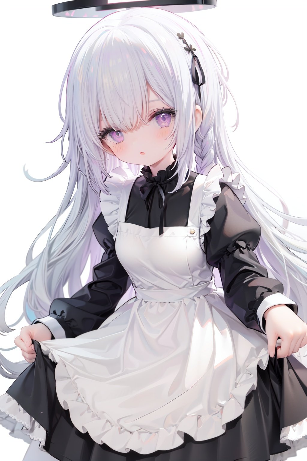 1girl,  solo,  apron,  long hair,  hair over one eye,  white background,  frills,  braid,  halo,  long sleeves,  dress,  simple background,  white hair,  white apron,  puffy sleeves,  very long hair,  frilled apron,  maid,  purple eyes,  ribbon,  parted lips,  maid apron,  bangs,  juliet sleeves,  black dress,  neck ribbon,  looking at viewer,  single braid,  blush