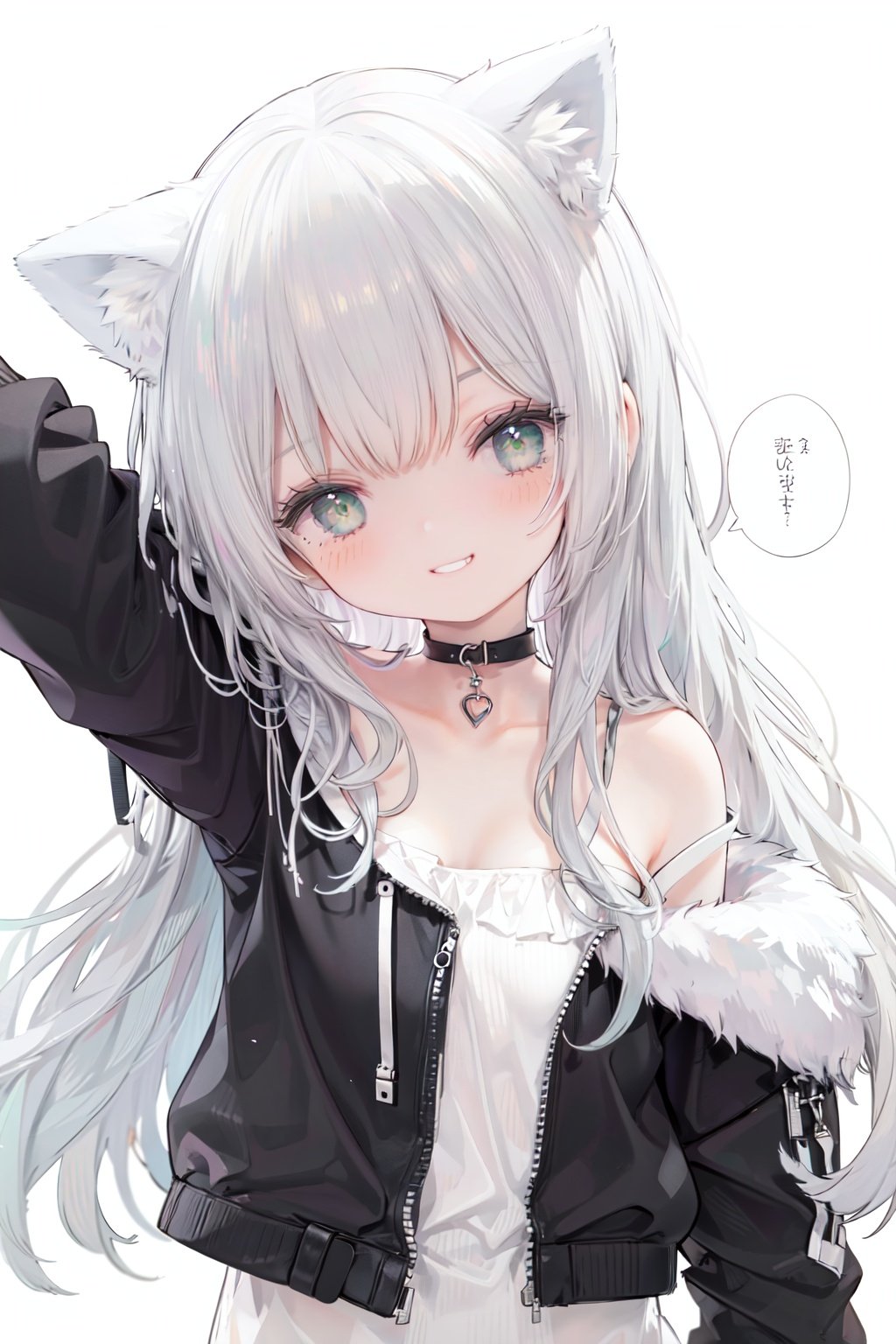 1girl,  solo,  green eyes,  smile,  long hair,  cat ears,  looking at viewer,  animal ears,  white background,  simple background,  bangs,  silver hair,  upper body,  speech bubble,  jacket,  black jacket,  head tilt,  bare shoulders,  eyebrows visible through hair,  off shoulder,  half-closed eyes,  grin,  arm up,  collarbonereflection light