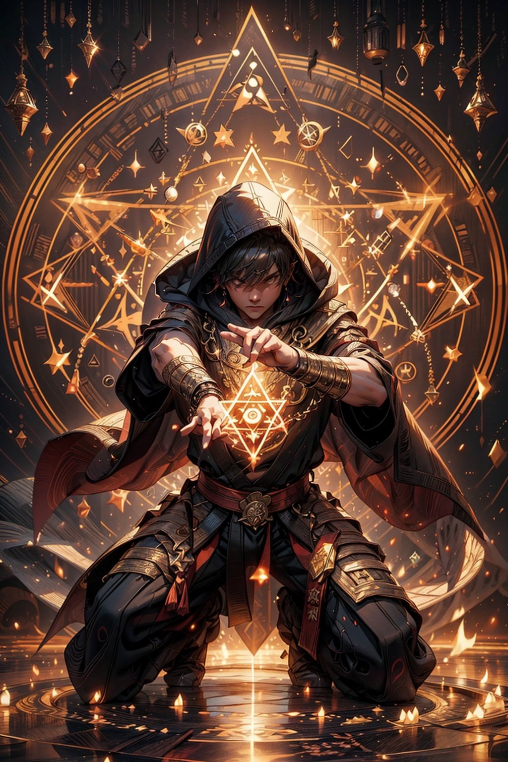 ndsome, gestures forming spells, martial arts and fairy-like vibe, carrying a hexagram magic array on his back, game character, surrounded by runes, magic patterns surrounding, best quality, masterpiece, cg, hdr, high definition, extremely detailed, detailed face, superhero, hero, detailed UHD, vfx, 3D rendering, 