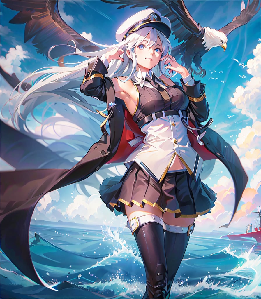 (((masterpiece, best quality, high resolution))),
OriginalOutfit, military uniform, 1girl, eagle, peaked cap, sky, flight deck, smile, ocean, cloud, breasts, day, solo, outdoors, looking at viewer, blue sky, very long hair, wind, large breasts, rigging, wind lift, hand on headwear, skirt tug, standing, underbust, cloudy sky, thigh boots, 
 Enterprisev10:0.8
