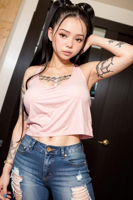 bellapoarch , blush, a woman, top tank shirt, jeans <lora:bellapoarch:1>