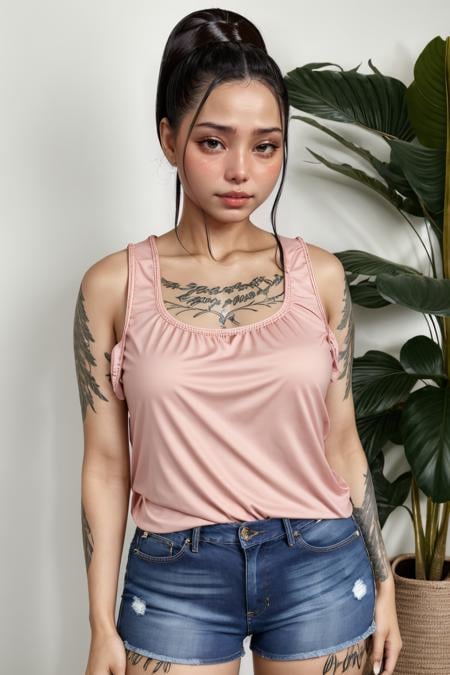 bellapoarch , blush, a woman, top tank shirt, jeans <lora:bellapoarch:1>