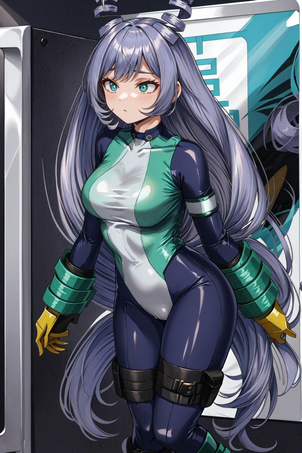 Nejire Hado,  Nejire's hero costume,  royal blue skin-tight bodysuit with a high black collar,  pale mint green markings covering her torso from over her shoulders to between her legs,  framed with turquoise,  a matching stripe of the same two colors around both of her upper arms,  On her feet,  she wears a pair of knee-high boots,  a thinning flap buttoned on each thighs,  with turquoise spirals around her ankles,  matching the thicker ones above her yellow gauntlets and wrist-guards,  She has a black strap around the top of each thigh,  two small satchels attached,  and two spiraling horns of hair protruding from behind her ears that are shaped as a reference to her Quirk,  outdoor, <lora:EMS-41803-EMS:0.900000>, , <lora:EMS-8718-EMS:0.900000>, , <lora:EMS-179-EMS:0.400000>, , <lora:EMS-8738-EMS:0.200000>