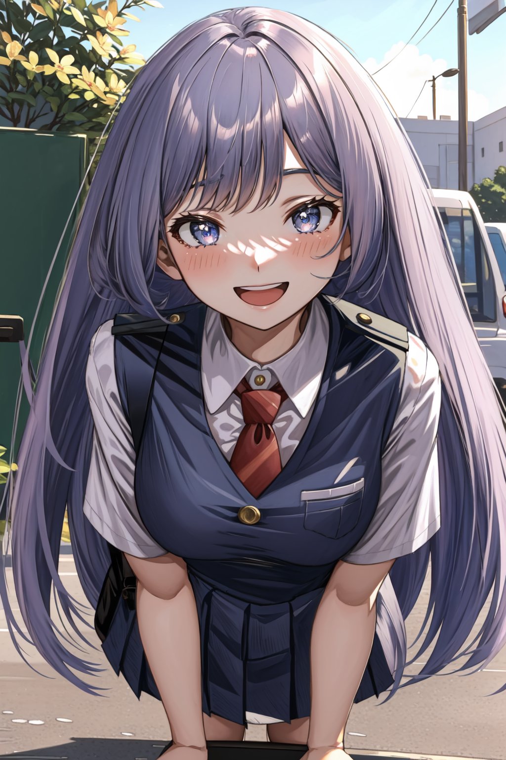 Nejire Hado,  1girl,  school_uniforec,  Periwinkle hair color,  white shirt,  school uniform,  outdoors,  intricate,  beautiful,  highly detailed,  artstation,  concept art,  smooth,  1girl,  smile,  open mouth,  looking at viewer,  red tie,  blush,  u.a. school uniform,  , CHICHIBUKURO,  different position, <lora:EMS-41803-EMS:0.800000>, , <lora:EMS-8718-EMS:0.800000>, , <lora:EMS-179-EMS:0.400000>, , <lora:EMS-8738-EMS:0.200000>