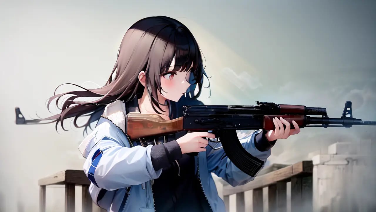 masterpiece, best quality, high resolution, <lora:ak47_7:1>, 1girl, solo, black_hair, jacket, holding gun, ak-47, akm, assault rifle, kalashnikov rifle, aiming, (from_side:1.2), profile