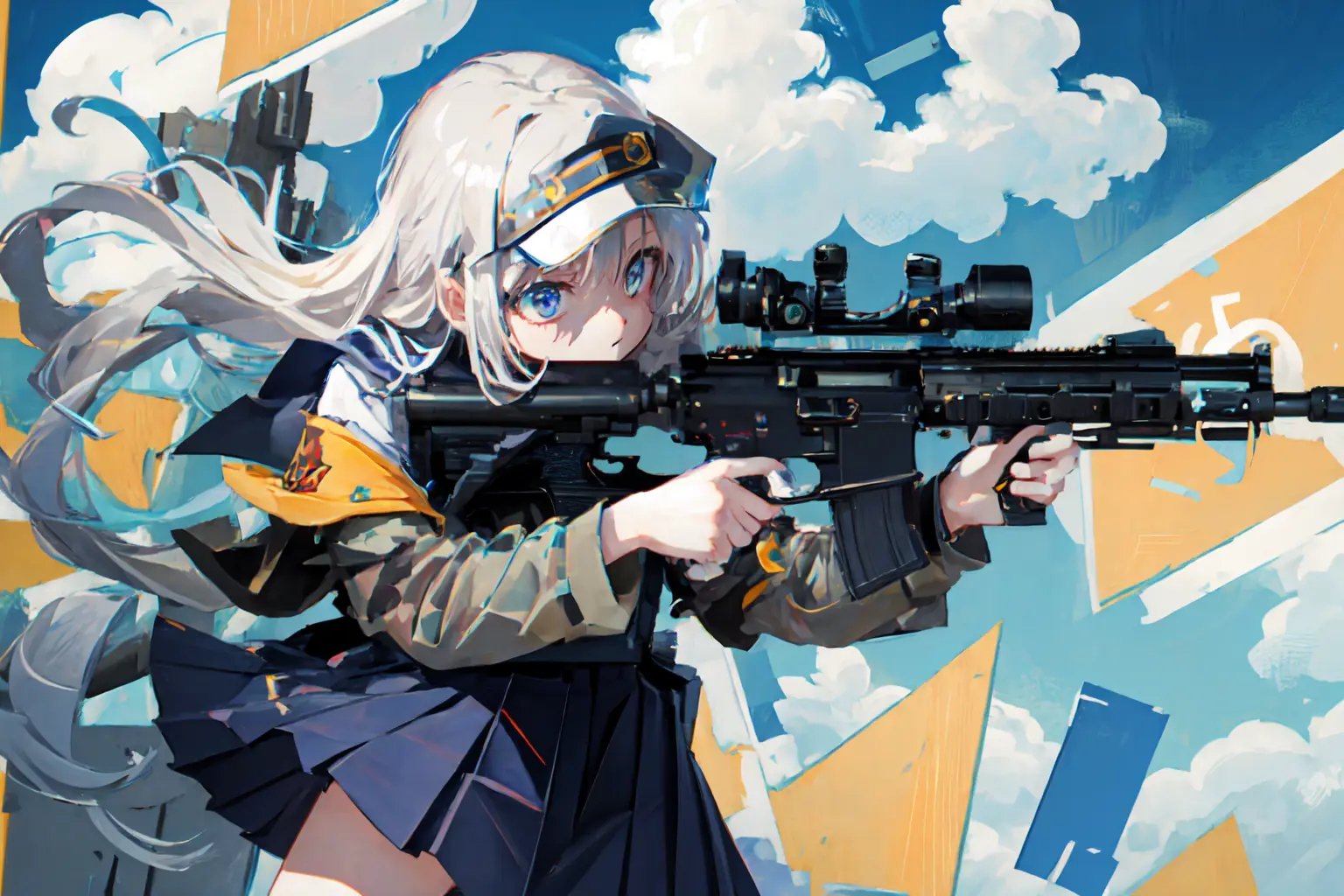 masterpiece,best quality, lens flare, depth of field, (close-up:1.3), (wide shot, fisheye:0.85), facefocus,1girl ,standing, blue long hair, school uniform,pleated skirt, (holding weapon, holding rifle,aiming,aim:1.2),gun, h&k hk416, carbine, open fire, firing,sunny,blue sky,cloudy sky,city,street,road sign, skyscraper, <lora:HK416-v2-000014:0.7>