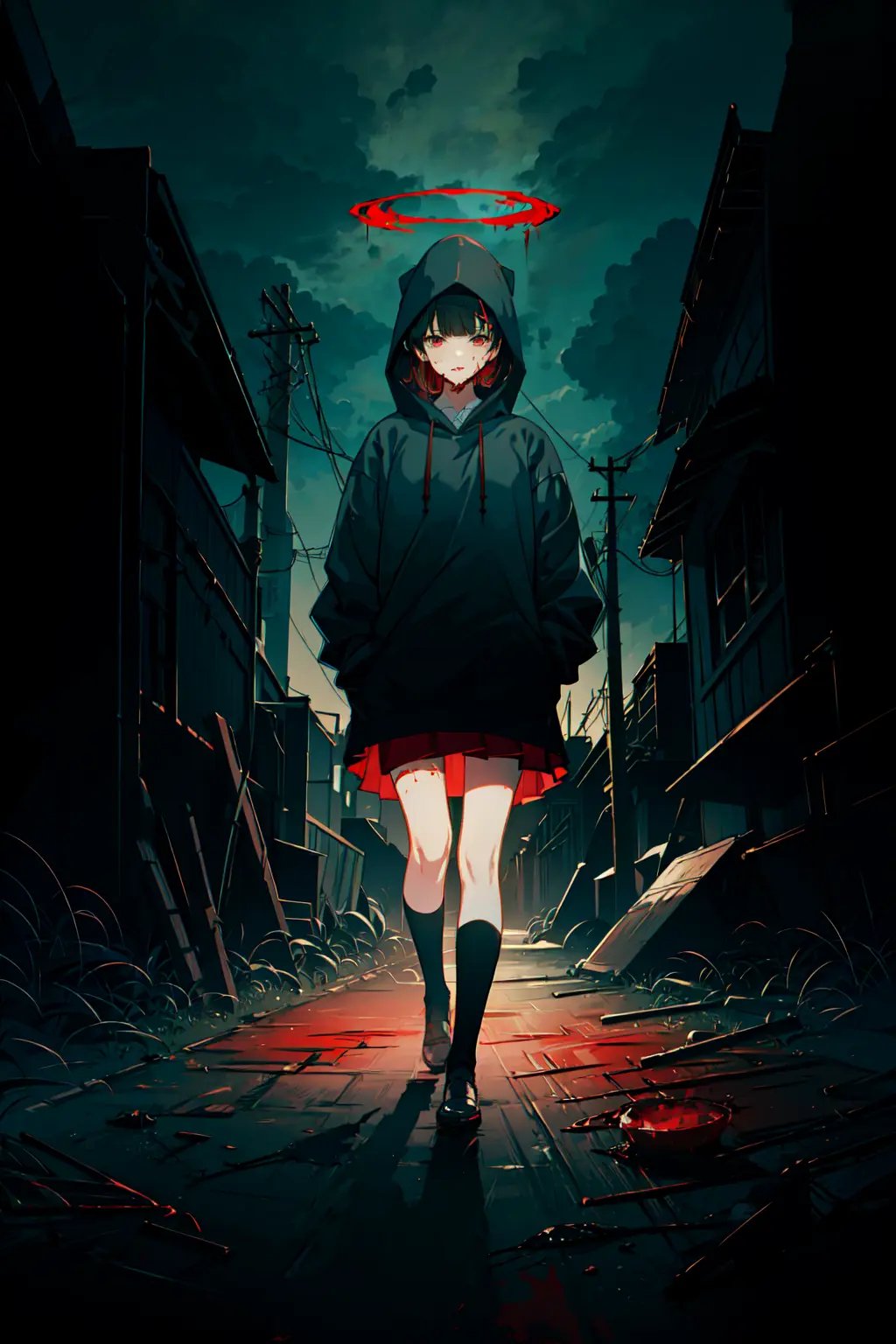 (masterpiece, top quality, best quality, official art, beautiful and aesthetic:1.2), extreme detailed,colorful,highest detailed ((ultra-detailed)), (highly detailed CG illustration), ((an extremely delicate and beautiful)),cinematic light,skirt, halo, blood, grass, hood, socks, kneehighs, blood on clothes, red skirt, guro, shoes, black hair, 1girl, pleated skirt, hood up, shirt, horror (theme), death, outdoors,