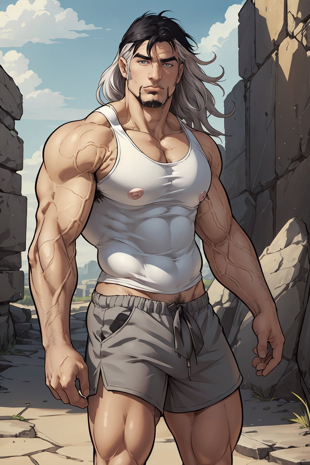 (masterpiece, best quality:1.2), 1boy, solo, (Zahn, multicolored hair, black hair white hair, grey eyes, sideburns), stubble, goatee, shorts, tank top, park, scenery, best illumination, cowboy_shot