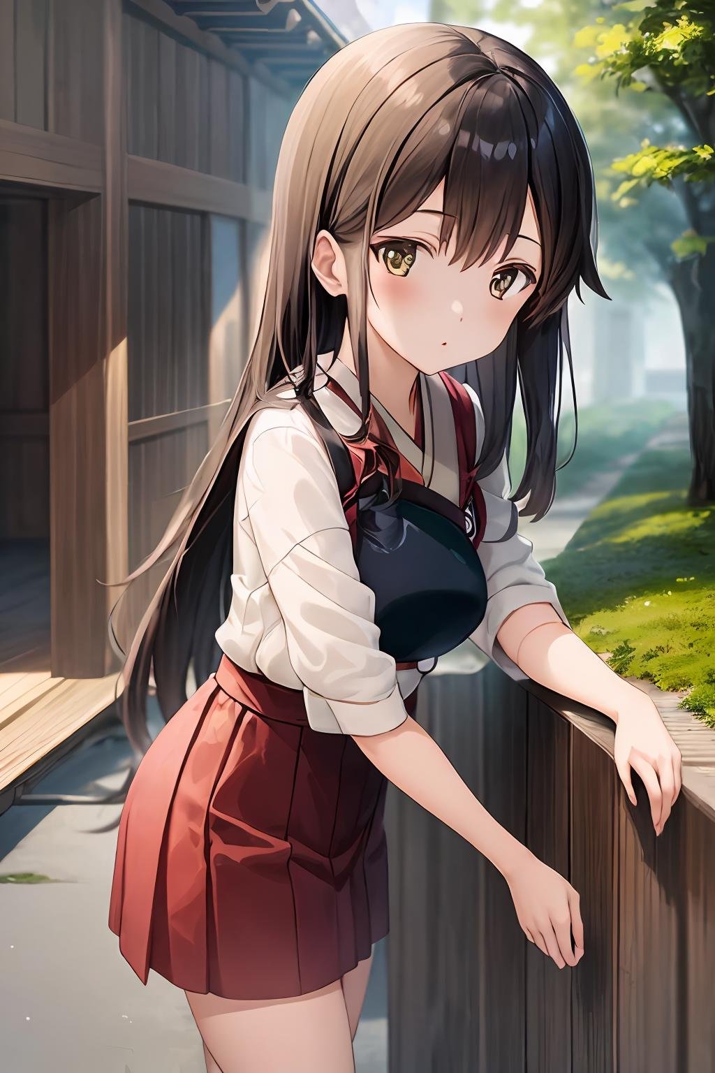 iks_akagi, 1girl, masterpiece, best quality, delicate details, refined rendering, solo, looking at viewer, japanese building, courtyard, outdoors, <lora:AkagiKancolle_V10:0.8>, 