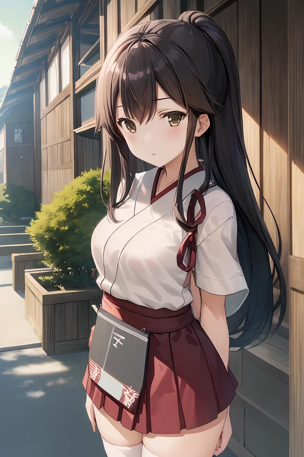 iks_akagi, 1girl, white_legwear, masterpiece, best quality, delicate details, refined rendering, solo, looking at viewer, japanese building, courtyard, outdoors, <lora:AkagiKancolle_V10:0.8>, 