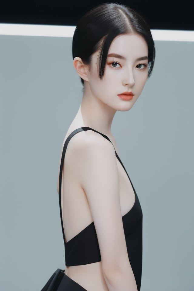 1girl,black_hair,Balenciaga model,looking at viewer,pale skin,blurry_background,realistic,solo,upper_body,<lora:古风仙仙:0.7>,