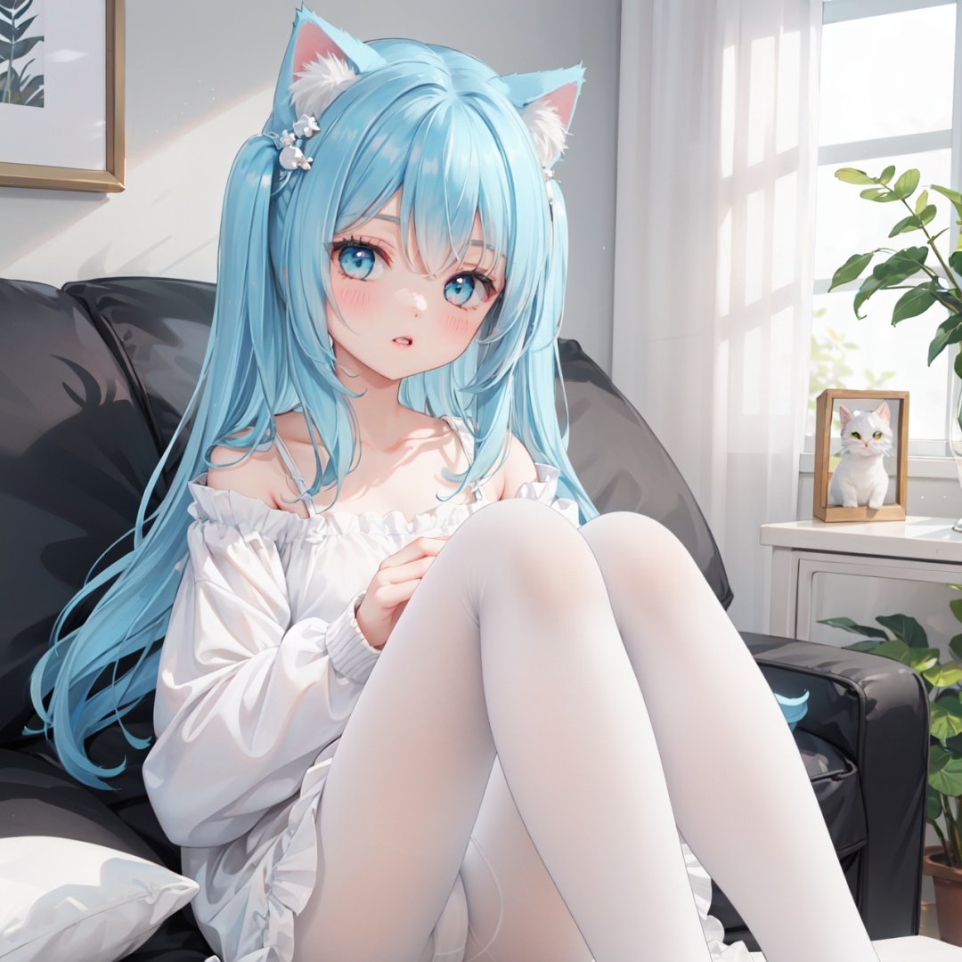 masterpiece,best quality,backlight,Tyndall effect,Crepuscular Rays,blurry,blurry_foreground,depth_of_field,animal_ears,cat_ears,cat_tail,stuffed_cat,cat_girl,tail,long_hair,1girl,blurry_background,((White pantyhose)),White underwear,stuffed_toy,stuffed_animal,blue_eyes,blue_hair,very_long_hair,hair_ornament,long_sleeves,collarbone,parted_lips,solo,bangs,hair_bobbles,blush,knees_up,looking_at_viewer,holding_stuffed_toy,holding,