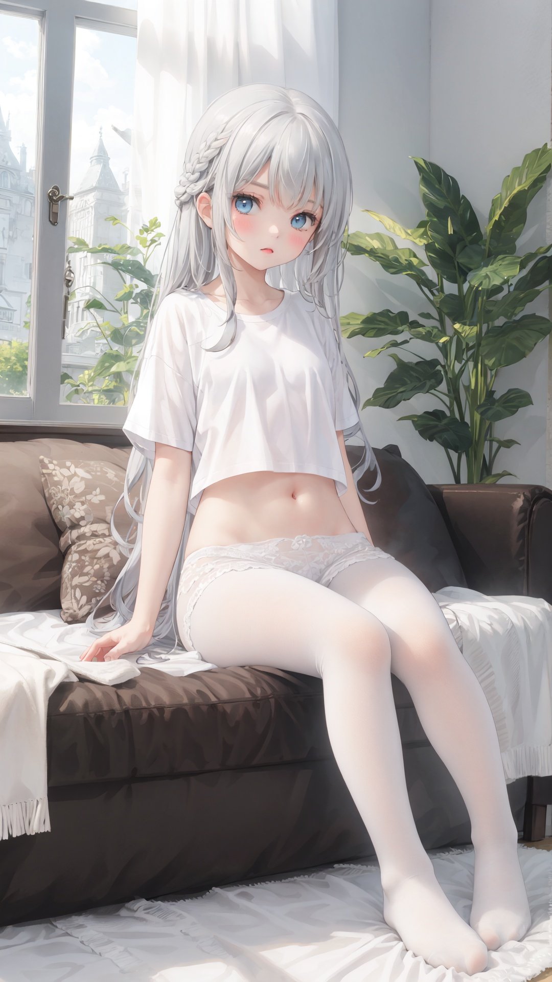 masterpiece,best quality,backlight,Tyndall effect,Crepuscular Rays,1girl,white_hairbangs,long hair,French braid,blue eyes,cold expression,white T-shirt,White pantyhose,navel,sit,small_breasts,No shoes on,bedroom,White cloth sofa,White blanket,Dieffenbachia seguine Schott,White curtains,ipad,