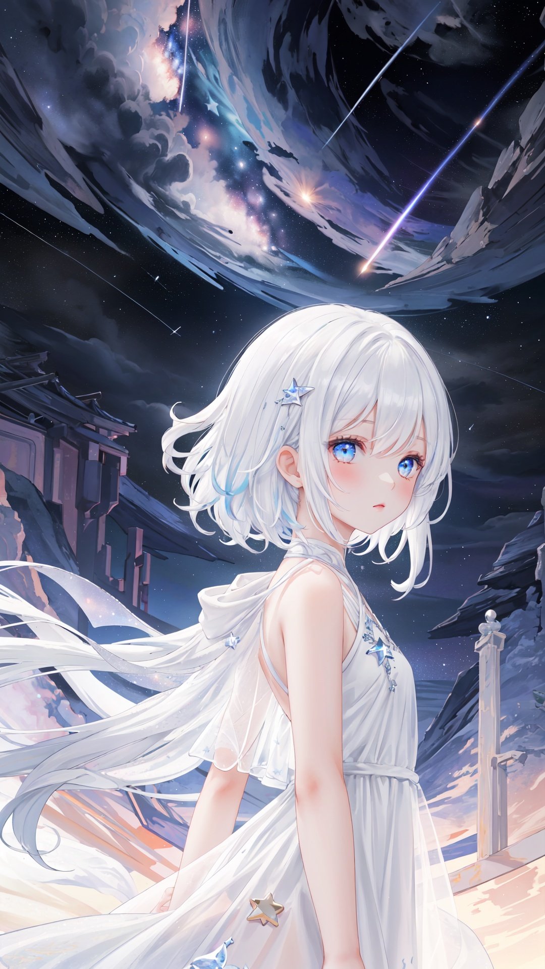 masterpiece, best quality,highres, 1girl, long_white_hair, stars in the eyes, see_through, (((glistening light))), (Luminous), detailed shadow, meteor, stars, galaxy, nebula, stars in white dress, messy floating hair, colored inner hair, Starry sky adorns hair, chiffon, tullece, , fanxing, white theme