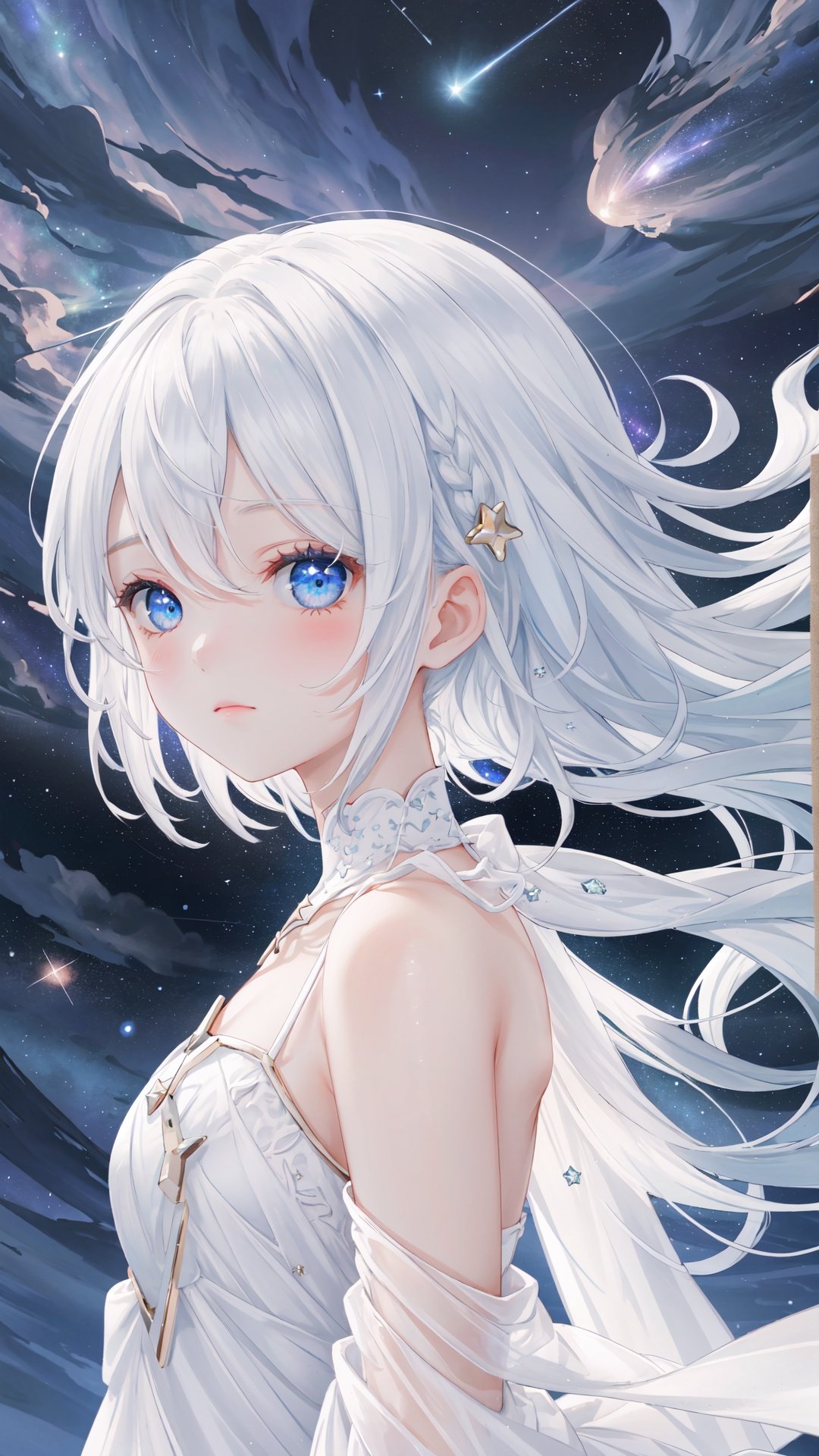 masterpiece, best quality,highres, 1girl, long_white_hair, stars in the eyes, see_through, (((glistening light))), (Luminous), detailed shadow, meteor, stars, galaxy, nebula, stars in white dress, messy floating hair, colored inner hair, Starry sky adorns hair, chiffon, tullece, , fanxing, white theme