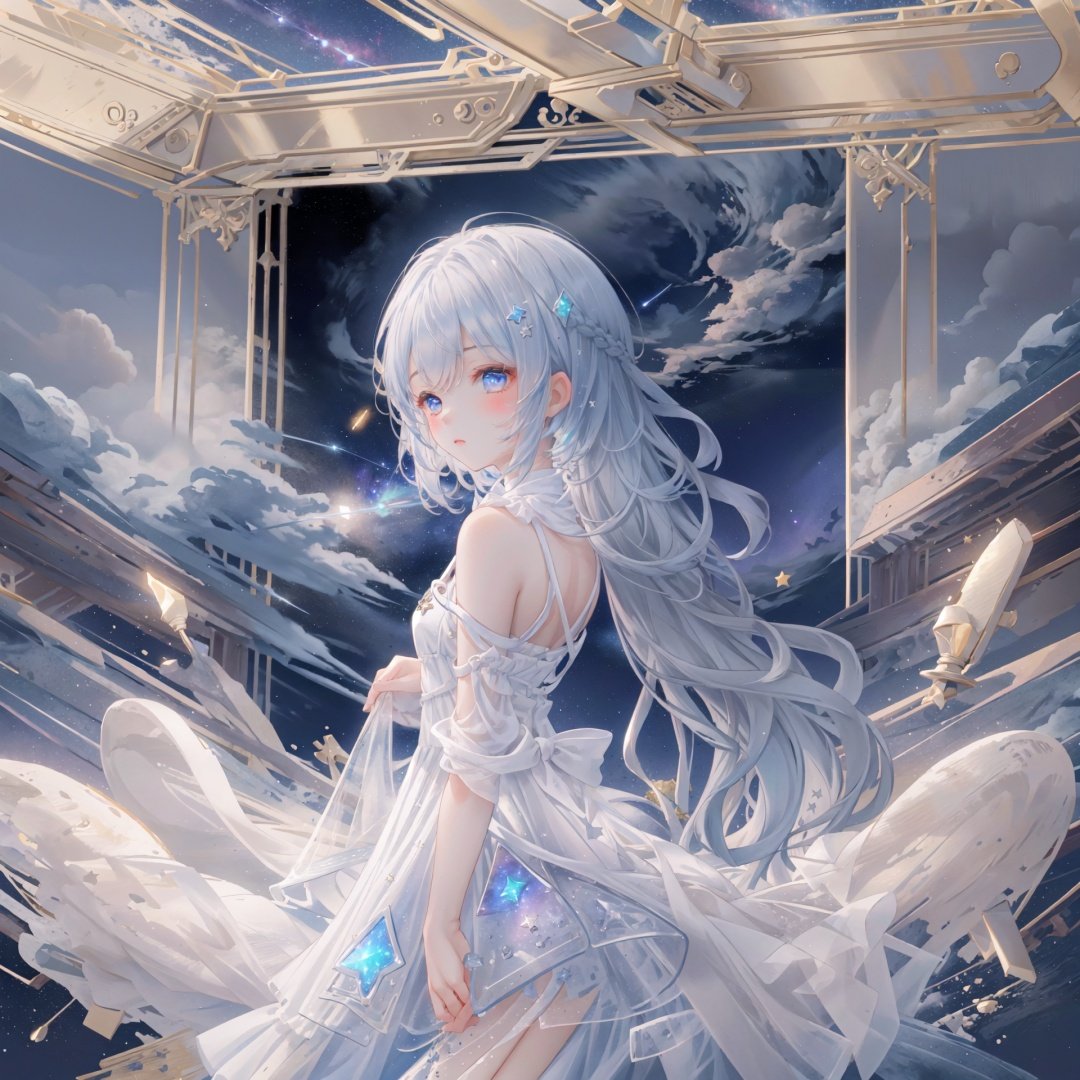 masterpiece, best quality,highres, 1girl, long_white_hair, stars in the eyes, see_through, (((glistening light))), (Luminous), detailed shadow, meteor, stars, galaxy, nebula, stars in white dress, messy floating hair, colored inner hair, Starry sky adorns hair, chiffon, tullece, , fanxing, white theme