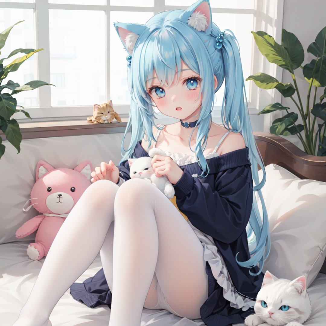 masterpiece,best quality,backlight,Tyndall effect,Crepuscular Rays,blurry,blurry_foreground,depth_of_field,animal_ears,cat_ears,cat_tail,stuffed_cat,cat_girl,tail,long_hair,1girl,blurry_background,((White pantyhose)),White underwear,stuffed_toy,stuffed_animal,blue_eyes,blue_hair,very_long_hair,hair_ornament,long_sleeves,collarbone,parted_lips,solo,bangs,hair_bobbles,blush,knees_up,looking_at_viewer,holding_stuffed_toy,holding,