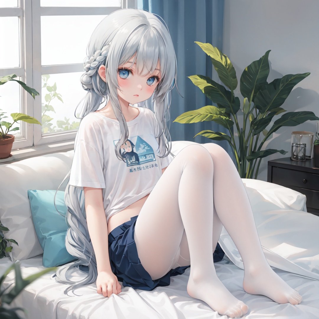 masterpiece, best quality,backlight,Tyndall effect,Crepuscular Rays,1girl,white_hairbangs,long hair,French braid,blue eyes,cold expression,lightseagreen T-shirt,White pantyhose,navel,fetal_position
,small_breasts,No shoes on,bedroom,White cloth sofa,White blanket,Dieffenbachia seguine Schott,White curtains, 