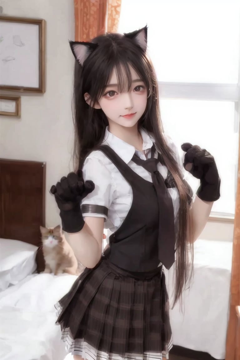 (masterpiece, best quality), 1 beautiful girl, cat ears, slim body, (school uniform:1.1), (detailed beautiful eyes), paw gloves, bedroom, indoors,
