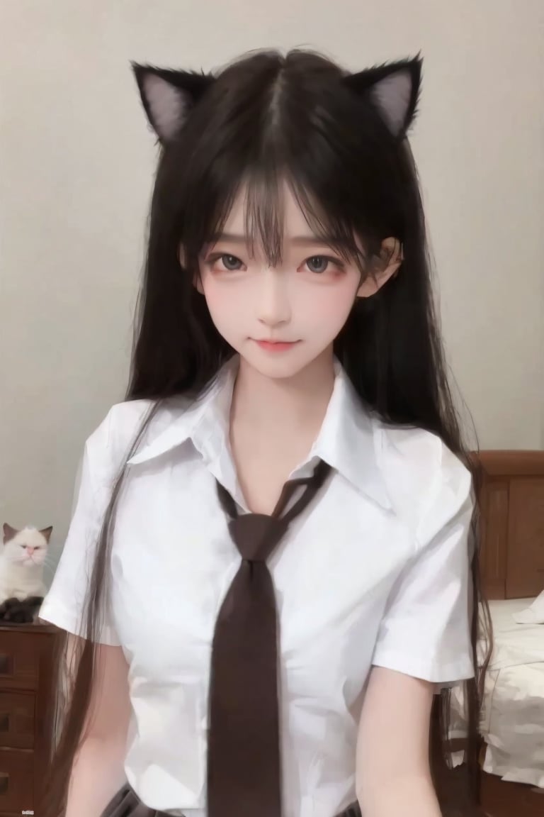 (masterpiece, best quality), 1 beautiful girl, cat ears, slim body, (school uniform:1.1), (detailed beautiful eyes), paw gloves, bedroom, indoors,
