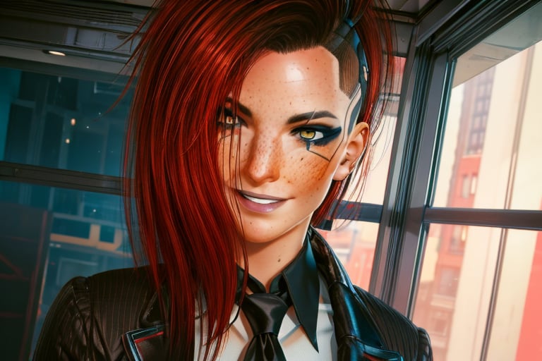 1 girl, red hair, yellow eyes, future, freckles, close up, smile, piercings, black suit, white shirt,and tie, fancy, rich, sexy, future apartment, future window, lighting