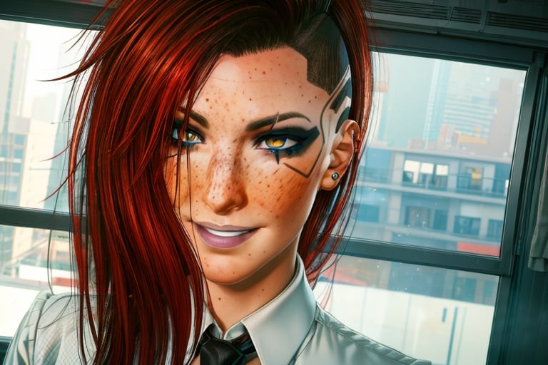 1 girl, red hair, yellow eyes, future, freckles, close up, smile, piercings, black suit, white shirt,and tie, fancy, rich, sexy, future apartment, future window, lighting